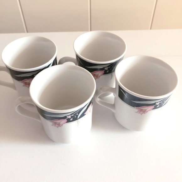 Vintage 80s China Pearl Stoneware Black Pink Floral Pattern Coffee Mugs Set of 4 - Picture 2 of 6